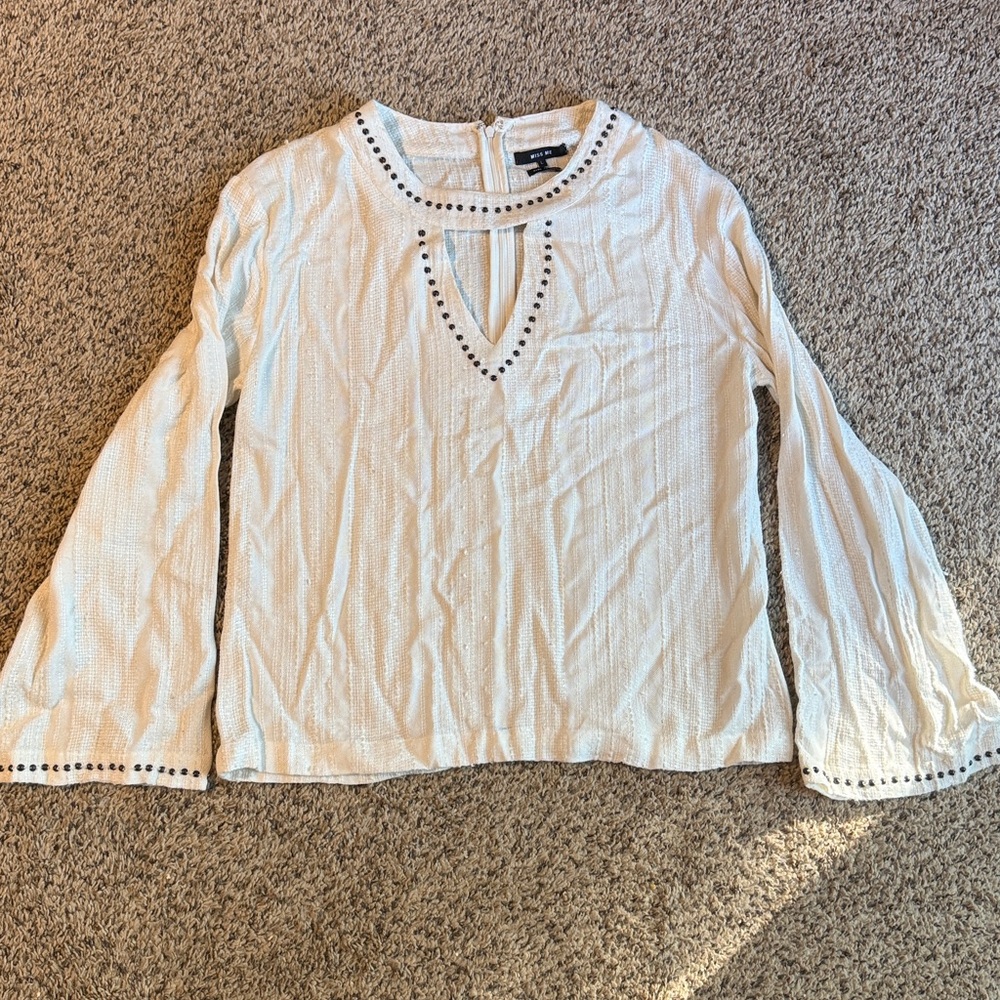 Miss Me Textured White Top with Black Buttons